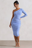 In The Shadows Coastline Blue One Sleeve Midi Dress With Ruching