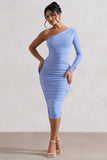In The Shadows Coastline Blue One Sleeve Midi Dress With Ruching