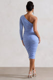 In The Shadows Coastline Blue One Sleeve Midi Dress With Ruching