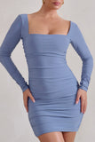 Muse Cornflower Blue Long Sleeve Square Neck Ruched Mini Dress