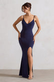 Love Shy Navy Plunge Neck Maxi Dress With Split Detail