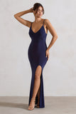 Love Shy Navy Plunge Neck Maxi Dress With Split Detail