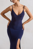 Love Shy Navy Plunge Neck Maxi Dress With Split Detail
