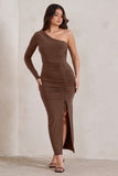 Mystical Chocolate Brown One Shoulder Maxi Dress With Side Split
