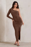 Mystical Chocolate Brown One Shoulder Maxi Dress With Side Split