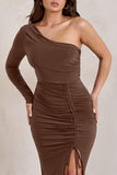 Mystical Chocolate Brown One Shoulder Maxi Dress With Side Split
