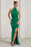 Forever Dreaming Green Halterneck Ruched Split Maxi Dress
