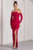 Stand Out Red Bardot Ruched Maxi With Sleeves And Side Split