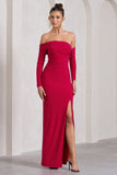 Stand Out Red Bardot Ruched Maxi With Sleeves And Side Split