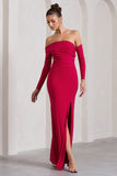 Stand Out Red Bardot Ruched Maxi With Sleeves And Side Split