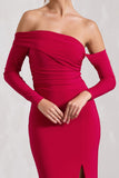 Stand Out Red Bardot Ruched Maxi With Sleeves And Side Split
