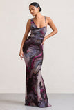 Phantasy Marble Print Asymmetric Neckline Cowl Maxi Dress