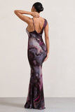Phantasy Marble Print Asymmetric Neckline Cowl Maxi Dress