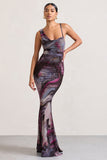 Phantasy Marble Print Asymmetric Neckline Cowl Maxi Dress