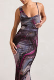 Phantasy Marble Print Asymmetric Neckline Cowl Maxi Dress