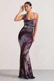 Phantasy Marble Print Asymmetric Neckline Cowl Maxi Dress