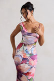 Phantasy Pink Floral Print Asymmetric Neckline Cowl Maxi Dress