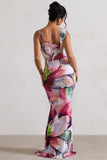 Phantasy Pink Floral Print Asymmetric Neckline Cowl Maxi Dress