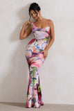 Phantasy Pink Floral Print Asymmetric Neckline Cowl Maxi Dress