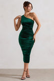 Back For More Bottle Green Velvet One Shoulder Ruched Midi Dress