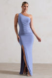 Ethereal Blue One Shoulder Ruched Split Maxi Dress