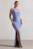 Ethereal Blue One Shoulder Ruched Split Maxi Dress