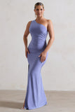 Ethereal Blue One Shoulder Ruched Split Maxi Dress