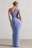 Ethereal Blue One Shoulder Ruched Split Maxi Dress