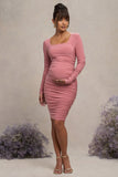 New Life Pink Maternity Square Neck Ruched Midi Dress