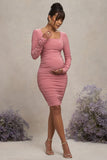 New Life Pink Maternity Square Neck Ruched Midi Dress
