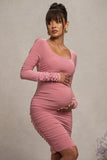 New Life Pink Maternity Square Neck Ruched Midi Dress