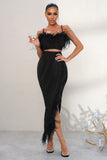 Margarita Black High Waist Wrap Front Midi Skirt With Feather Trim