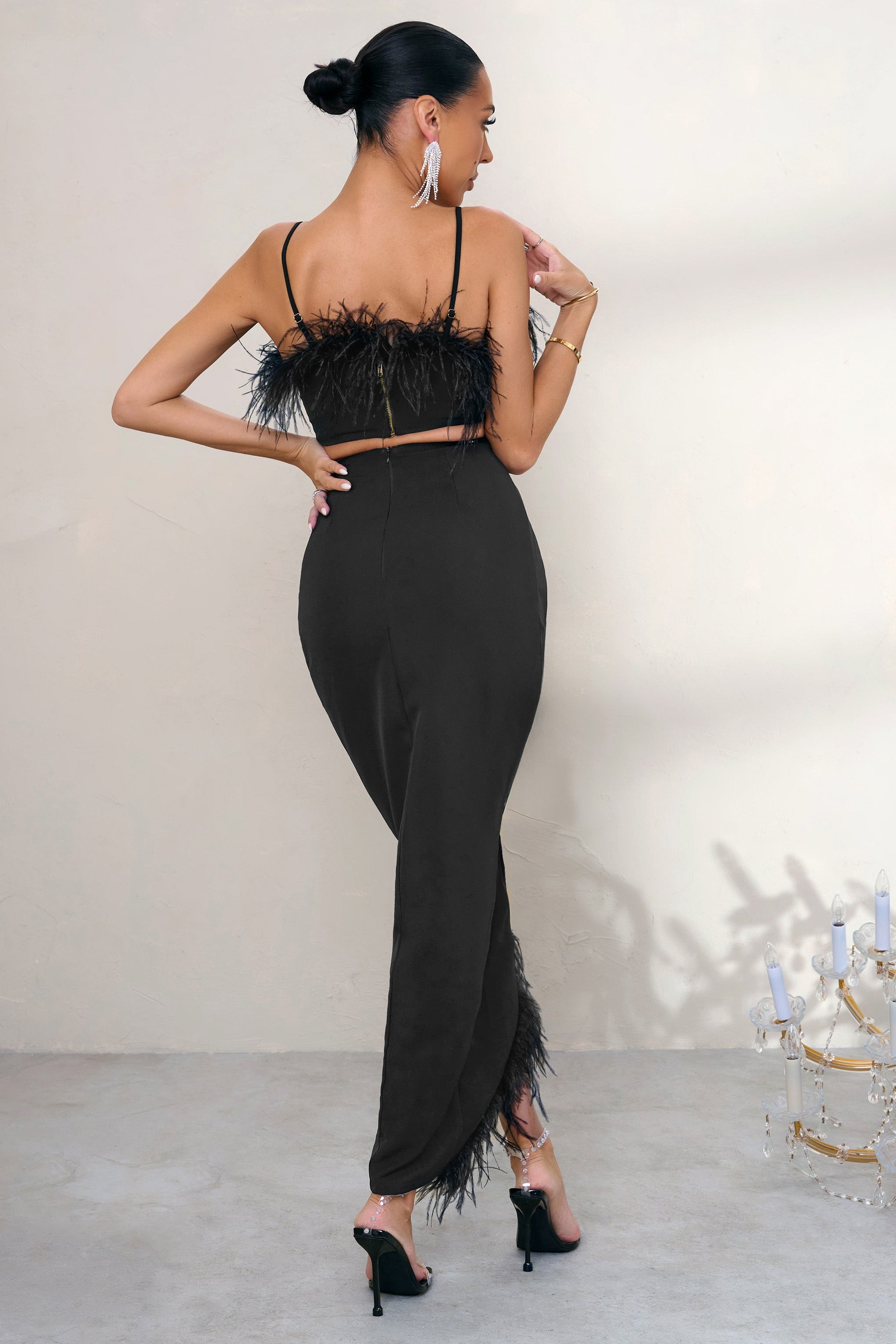 Margarita Black High Waist Wrap Front Midi Skirt With Feather Trim
