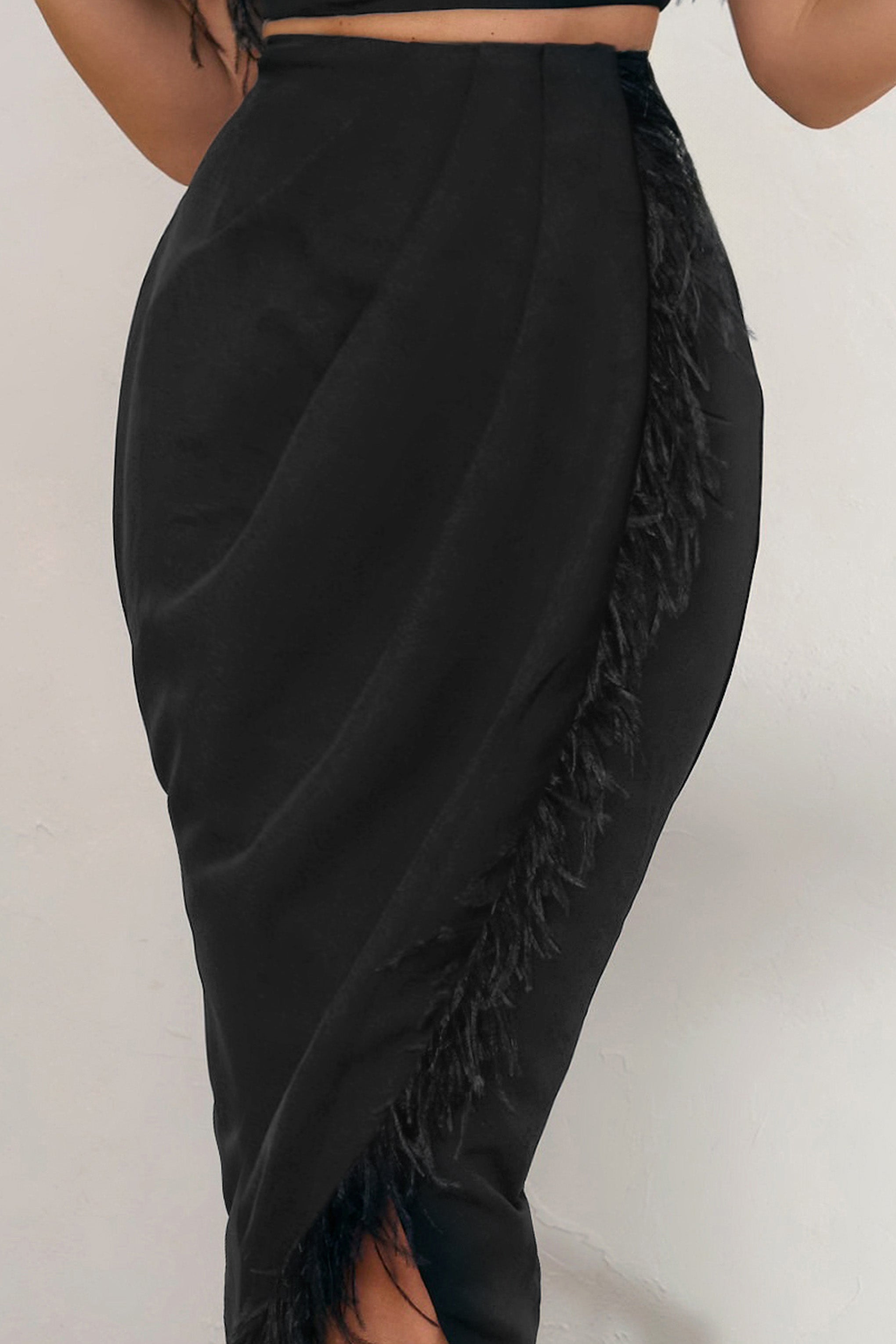 Margarita Black High Waist Wrap Front Midi Skirt With Feather Trim