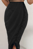 Margarita Black High Waist Wrap Front Midi Skirt With Feather Trim