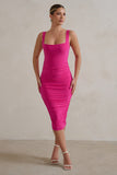 Lisbon Hot Pink Square Neck Ruched Midi Dress