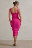 Lisbon Hot Pink Square Neck Ruched Midi Dress
