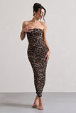 My Lady Leopard Print Strapless Bodycon Ruched Mesh Midi Dress