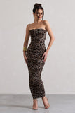 My Lady Leopard Print Strapless Bodycon Ruched Mesh Midi Dress