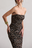 My Lady Leopard Print Strapless Bodycon Ruched Mesh Midi Dress