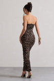 My Lady Leopard Print Strapless Bodycon Ruched Mesh Midi Dress
