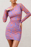 Night Sky Orange Zebra Print Mesh Long Sleeves Mini Dress