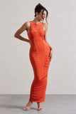 Bombshell Orange High Neck Diamond Ruched Maxi Dress