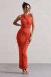 Bombshell Orange High Neck Diamond Ruched Maxi Dress
