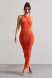 Bombshell Orange High Neck Diamond Ruched Maxi Dress