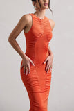 Bombshell Orange High Neck Diamond Ruched Maxi Dress
