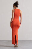 Bombshell Orange High Neck Diamond Ruched Maxi Dress