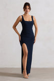Kate Navy Square Neck Maxi Dress with Plunge Back and Side Thigh Split