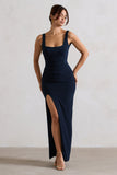 Kate Navy Square Neck Maxi Dress with Plunge Back and Side Thigh Split