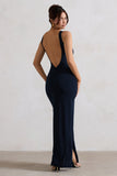 Kate Navy Square Neck Maxi Dress with Plunge Back and Side Thigh Split